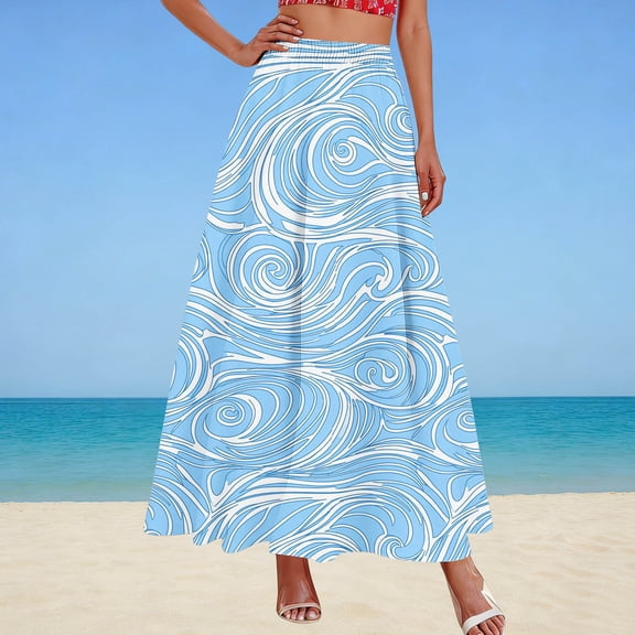 qelini Floral Maxi Skirt for Women Plus Size Long Skirt Elastic Waist Drawstring A-line Skirt Print Beach Casual Skirt