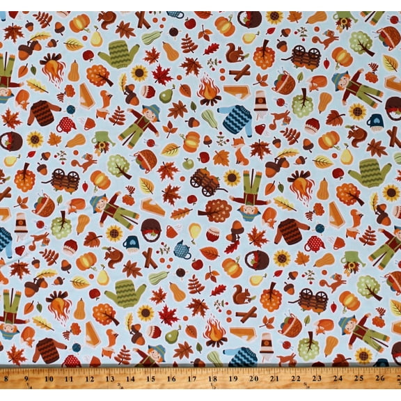 Cotton Fall Leaves Apples Pumpkins Scarecrows Sweater Weather Autumn in the Air Multicolor Cotton Fabric Print by the Yard (10171-60)