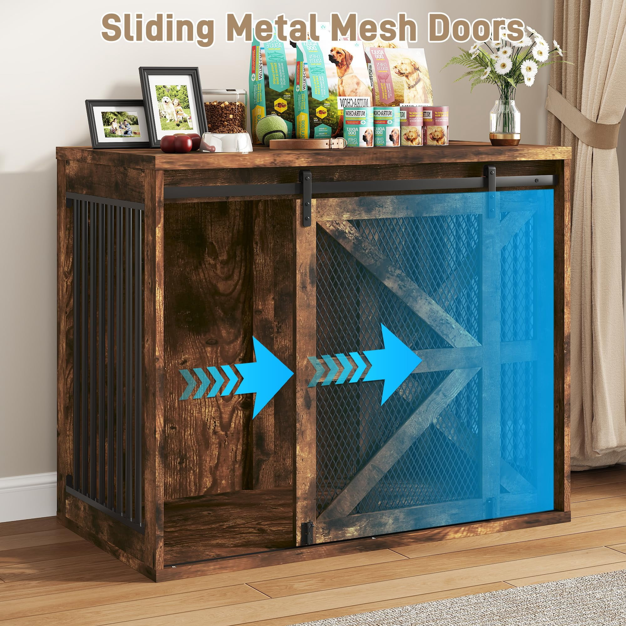 Blotout 43.3" Farmhouse Dog Crate Furniture, Wooden Dog Crate Furniture with Sliding Metal Mesh Barn Door, Solid Metal Tube & 2 Lockable Doors, XL Rustic Brown