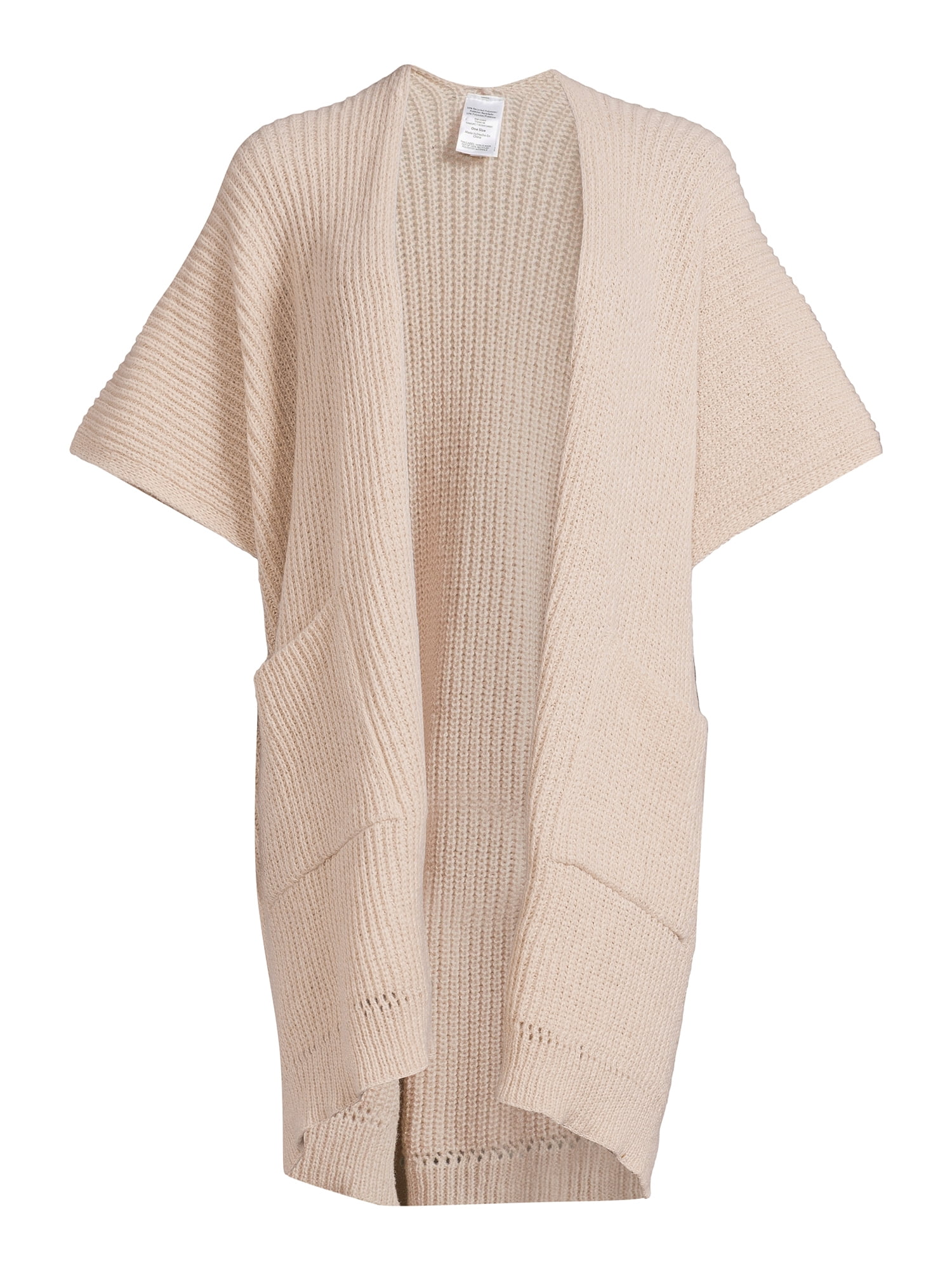 Time and Tru Women's Ribbed Sweater Cape with Pockets, Tan
