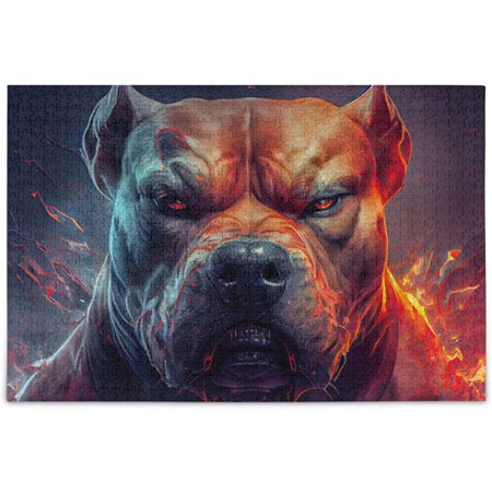 Hotbar Wooden Jigsaw Puzzle 1000 Pieces Angry Pitbull Print, Zigsaw with Alphabet Partition Storage Bag Easy to Solve for Adults