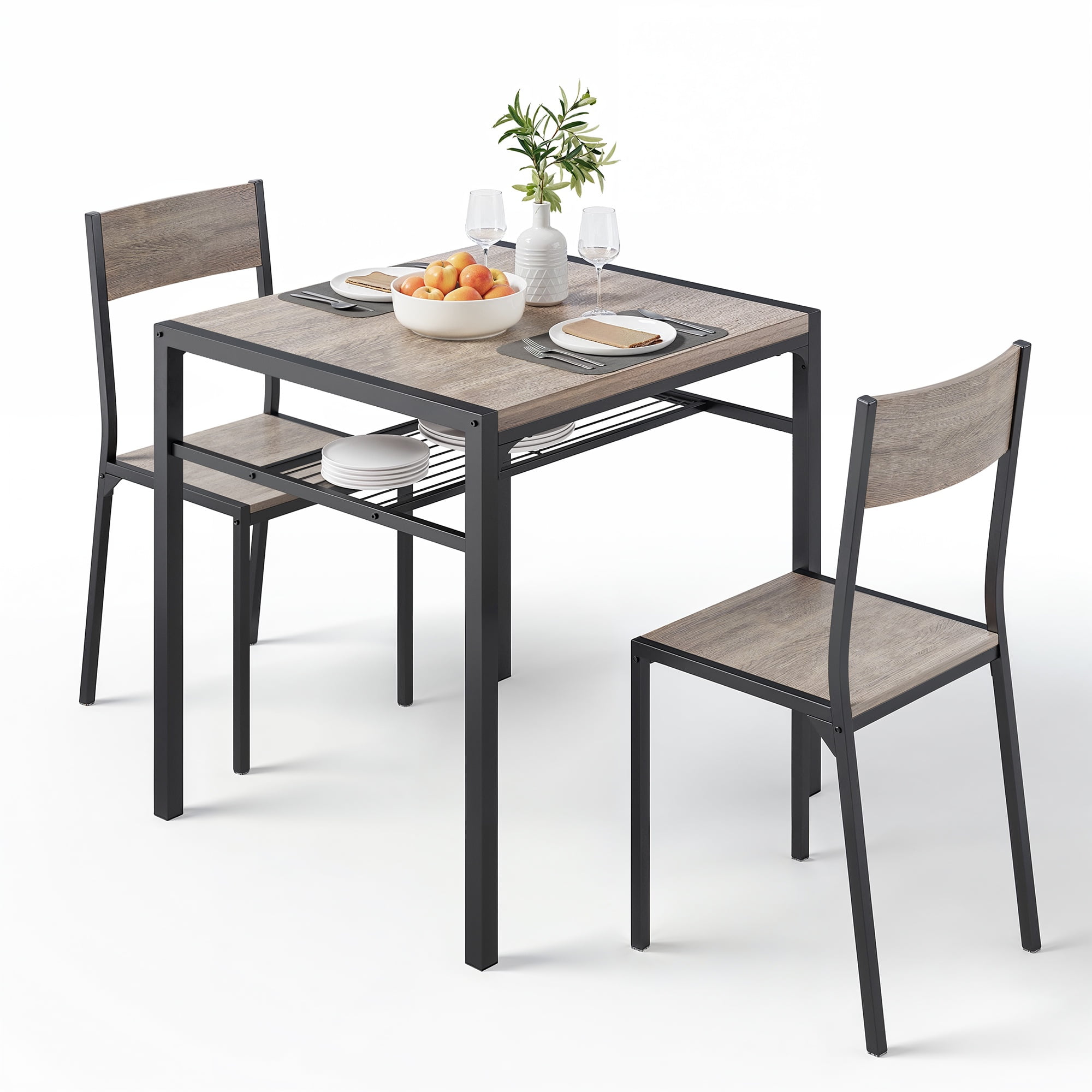 Dining Table Set of 2, Asofer3 PCS Kitchen Table and Chairs Set,Table with Storage & 2 Chairs for Small Space, Kitchen, Apartment, Room,Gray