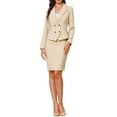 thumbnail image 2 of Conjunto de traje de 2 piezas Inspire Chic para mujeres, con chaqueta de manga larga, solapa con muesca, traje formal de oficina, falda, talla S, color caqui, 2 of 6