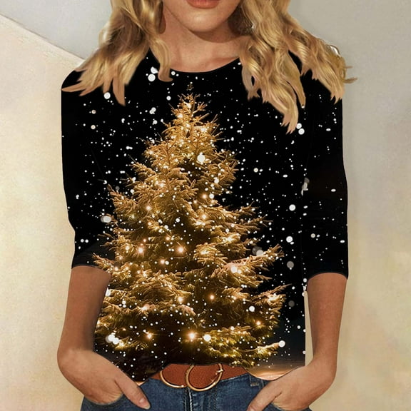 Gamivast Christmas Tops for Women Casual 3/4 Sleeve Crew Neck Shirt Funny Holiday Snowman Trees Graphic Tee Xmas Party Pullover Outfits Fall Winter Loose Fitted Tops 5XL