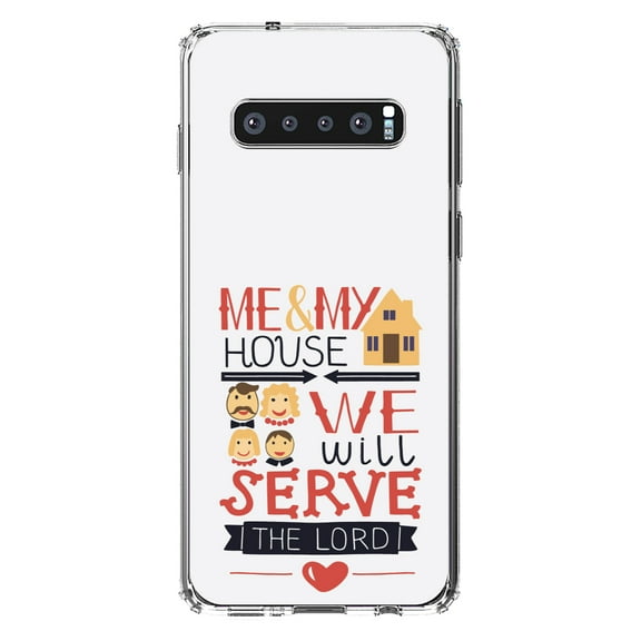 DistinctInk Clear Shockproof Hybrid Case for Samsung Galaxy S10 (6.1" Screen) - TPU Bumper, Acrylic Back, Tempered Glass Screen Protector - Me & My House We Will Serve the Lord