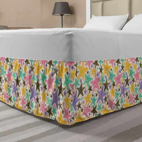 Starfish Bed Skirt, Colorful Sea Inhabitants Irregularly Scattered on Plain Background Summer Theme, Elastic Bedskirt Dust Ruffle Wrap Around for Bedding Decor, 4 Sizes, Multicolor, by Ambesonne