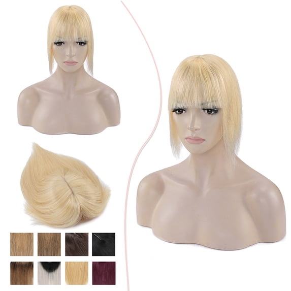 MY-LADY 100% Remy Human Hair Women Topper Hair Toppers Silk Base Hair Pieces Clip In Hair Topper with 3D Air Bangs 17 Colors 16inch #613 Bleach Blonde