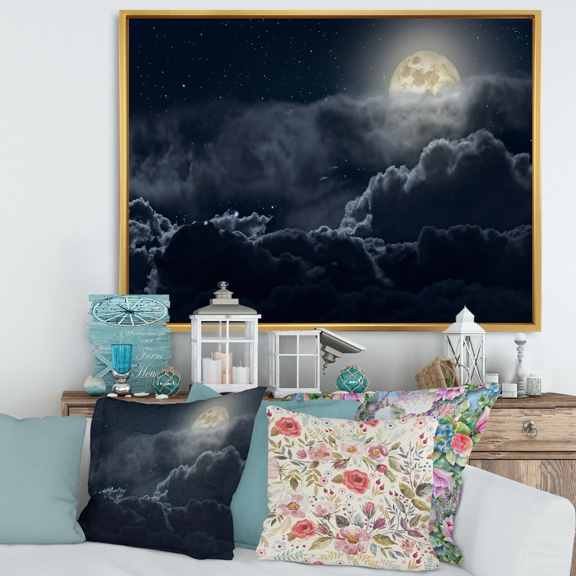 Designart 'Cloudy Full Moon Night With Stars' Nautical & Coastal Framed Canvas Wall Art Print