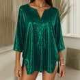 thumbnail image 2 of Womens Casual Tops Sparkling Fashion Loose Fit Shiny Small Collar 3/4 Sleeve Beach Vacation Clothes for Women,Green,2XL, 2 of 9