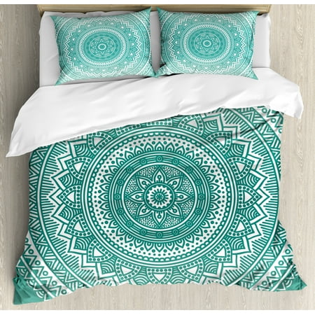 Teal Duvet Cover Teal Ombre Duvet Cover Set, Mandala Pattern Boho Style Floral Dots and Stripes with Petals Ethnic Print, Decorative Bedding Set with Pillow Shams, Teal and White, by Ambesonne ()