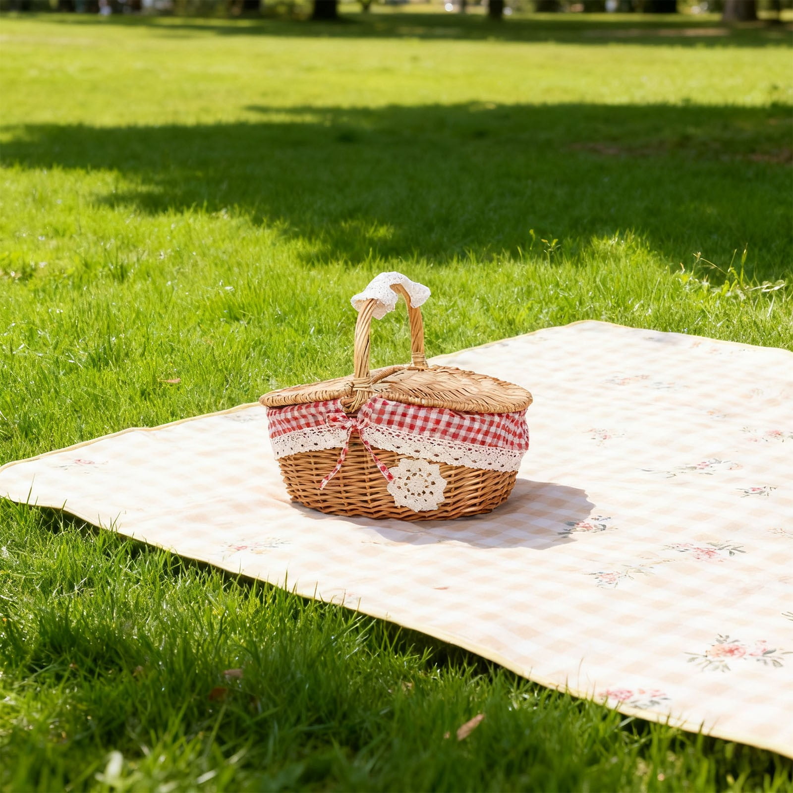 Lidded Oval Picnic Basket, Multi Functional Handle Basket, Ideal for Outdoor Adventures, Photography, Home Decor, Gift Basket for Valentine's Day, Easter, Parties & Celebrations, 10x7x5.9in