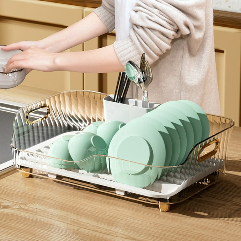 MR.SIGA Dish Drying Rack for Kitchen Counter, Compact Dish Drainer with Drainboard, Utensil Holder and Cup Rack, Plastic Kitchen Drying Rack for