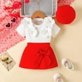 thumbnail image 2 of CAICJ98 Baby Toddler Girl Outfits Summer Clothes Crew Neck Knitted Cotton Short Sleeves Flower Tops+Mini Bow Skirts+Beret 3Pcs Set (Red,12-18 Months), 2 of 7