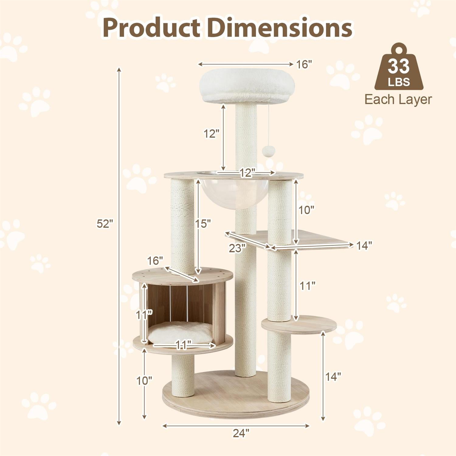 Pefilos 52" Tall Wooden Cat Tree, Washable Plush Cushions, Multi-Level Climbing Stand & Condo, Brown