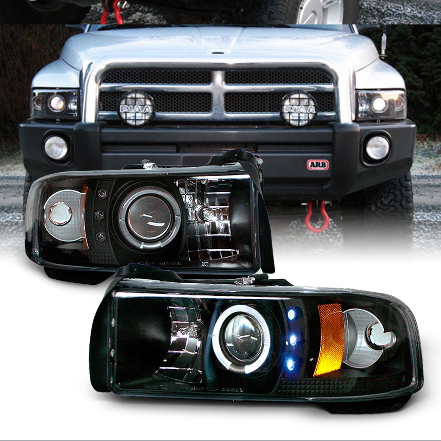 1994-2002 Dodge Ram 1500 2500 Halo Projector Headlights+Bumper LED Fog Lights