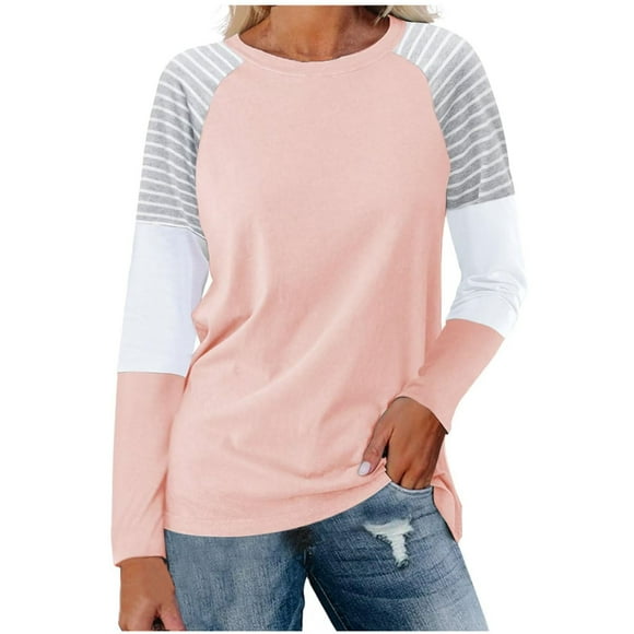 lcziwo Color Block Tunic Tops for Women Casual Long Sleeve Shirts Round Neck Loose Fit T Shirt Fall Lightweight Pullover 2024 Pink
