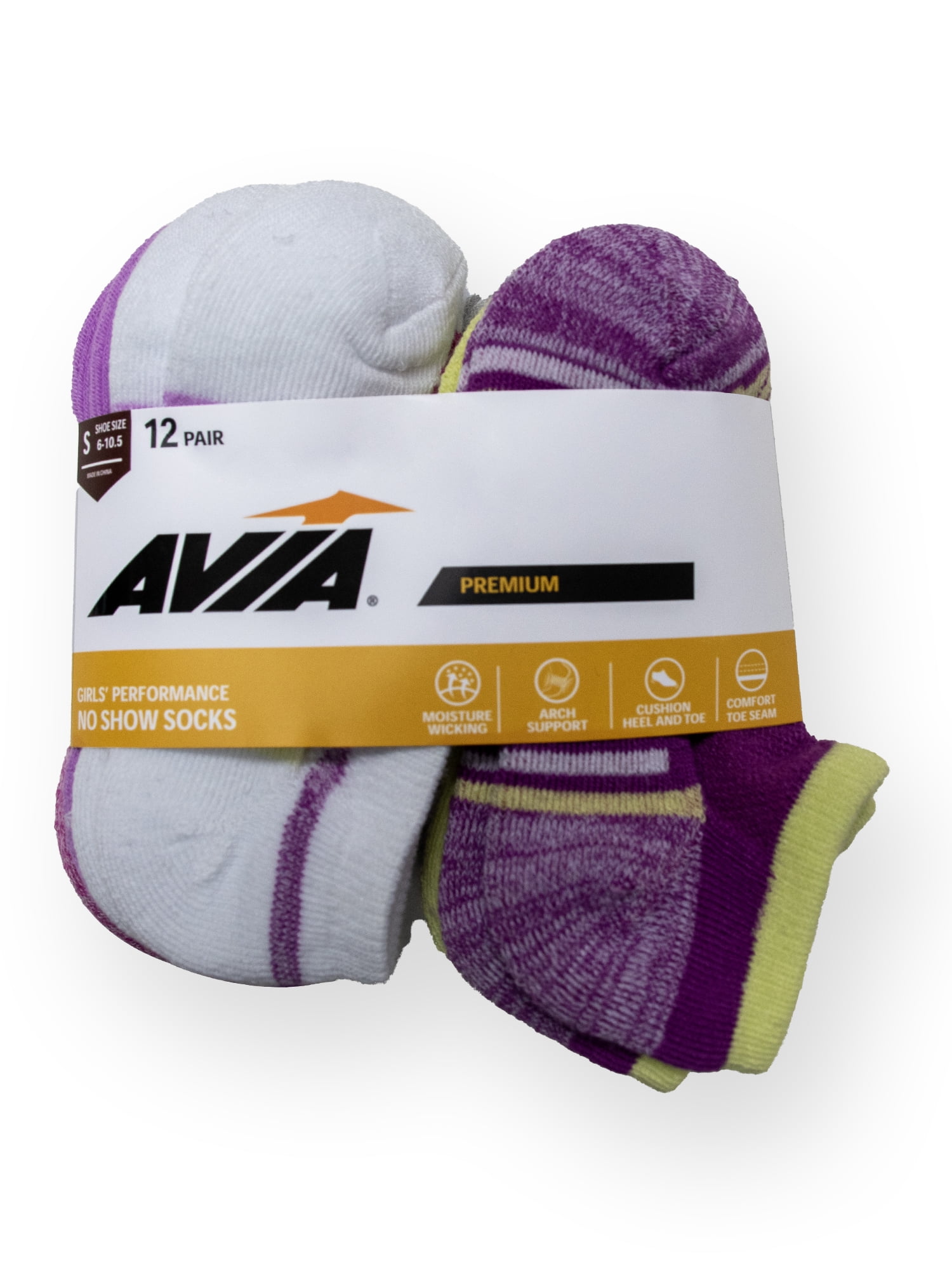 Avia Girls Performance Cushioned No-Show Socks for Girls, Sizes S-L, 12 Pairs
