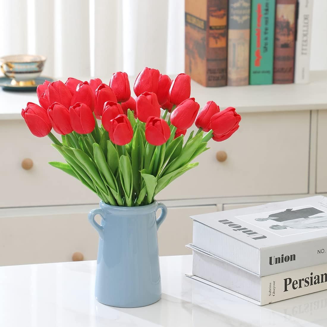 White Artificial Flowers 20 Pcs Faux Tulips PU Real Touch Fake Flowers for Home Office Wedding Decor Arrangement Bouquet Faux Flowers for Decoration