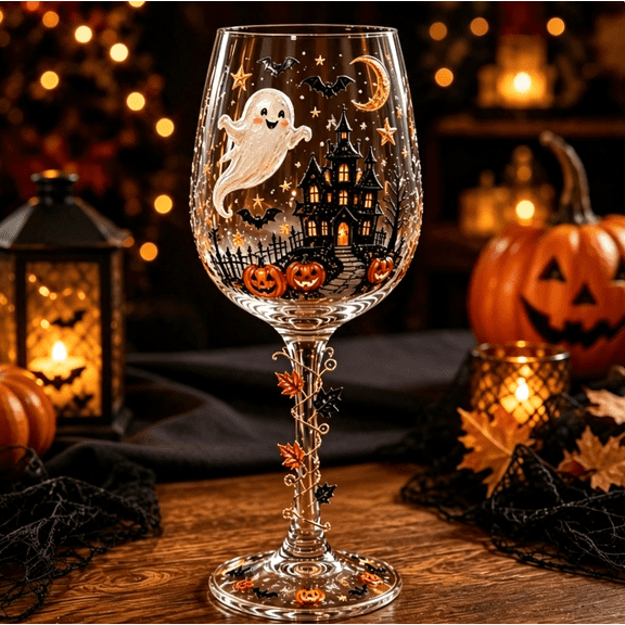Halloween 3D Wine Glass, Classic Smiling Ghost Haunted House & Jack-O-Lantern Bat Stemmed Goblet, Halloween Dinner Decor Wine Cup, Seasonal Party Glassware