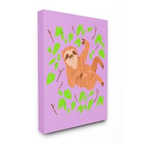 The Kids Room by Stupell Sloth In Green Leaves on Pink Cartoon Stretched Canvas Wall Art, 30 x 1.5 x 40