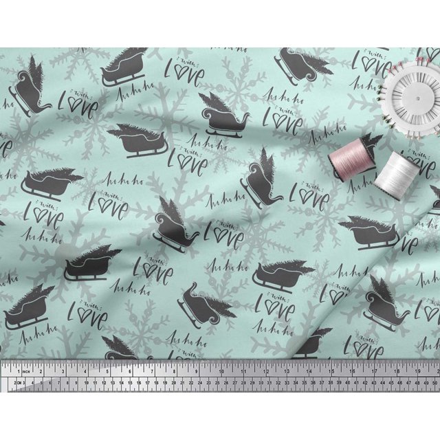 Soimoi Velvet Fabric Sleigh & with Love Text Print Fabric by Yard 58 Inch Wide