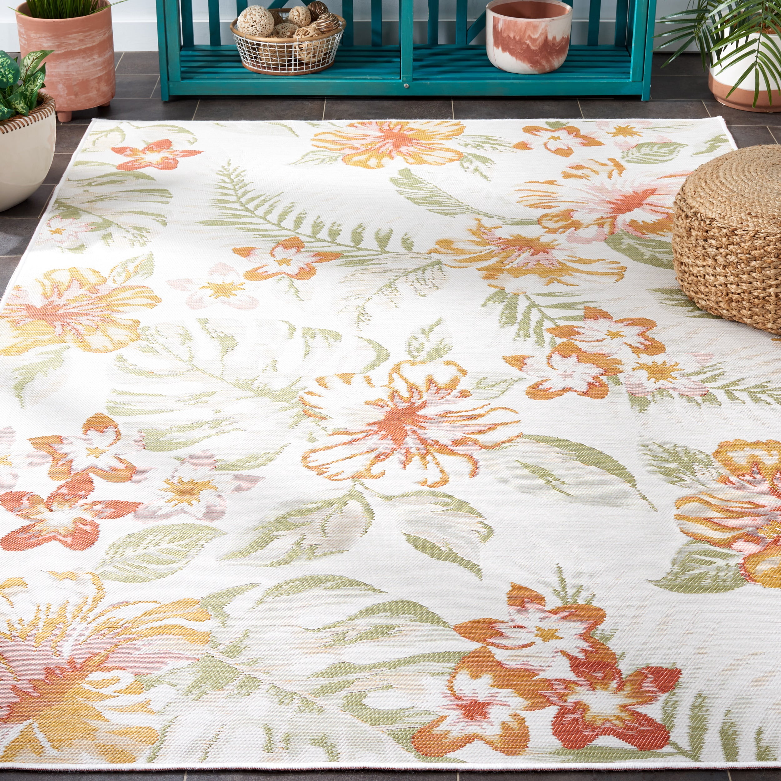 SAFAVIEH Sunrise Cole Floral Reversible Indoor/Outdoor Area Rug, Ivory/Rust Sage, 6'7" x 6'7" Square