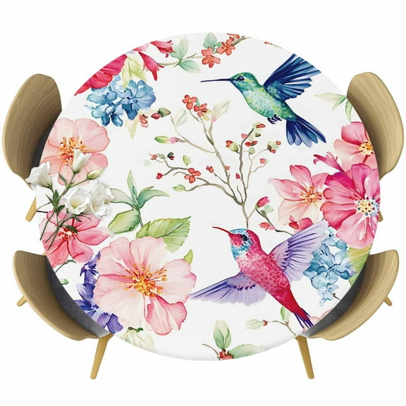 Colorful Hummingbird Round Tablecloth 55-60 Inch Round Fitted Table Cloth with Elastic Edge, Spring Pink Flowers Branch Waterproof Table Cover Protector for Outdoor Picnic Party Dining