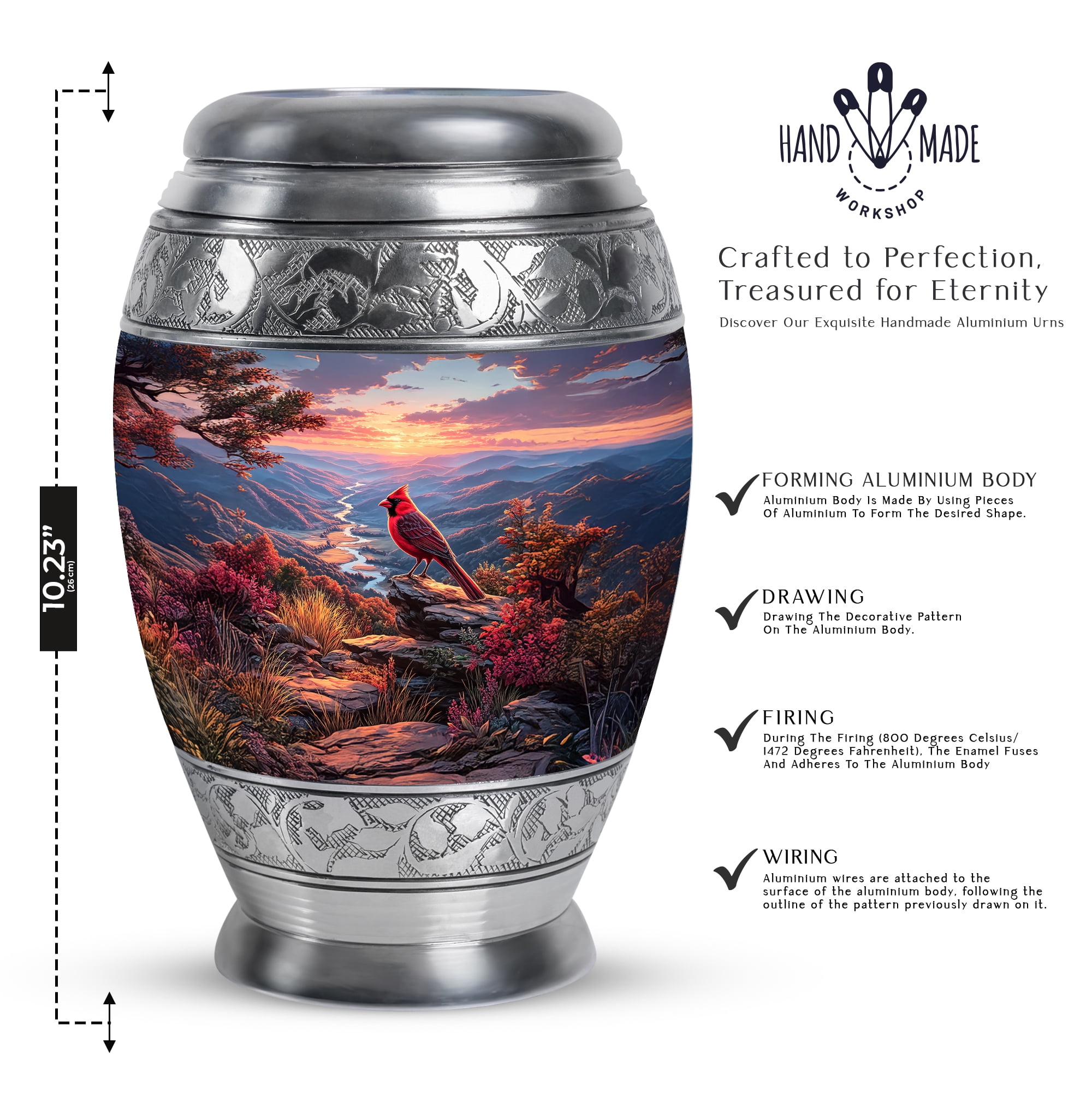 Cardinal Bird Cremation Urn For Adult Male And Female, 1 Large Blue Decorative Urns For Women, Sunset Funeral Urn For Mother, Grey Small Urns For Human Ashes Set Of 4, (10&3) Inch