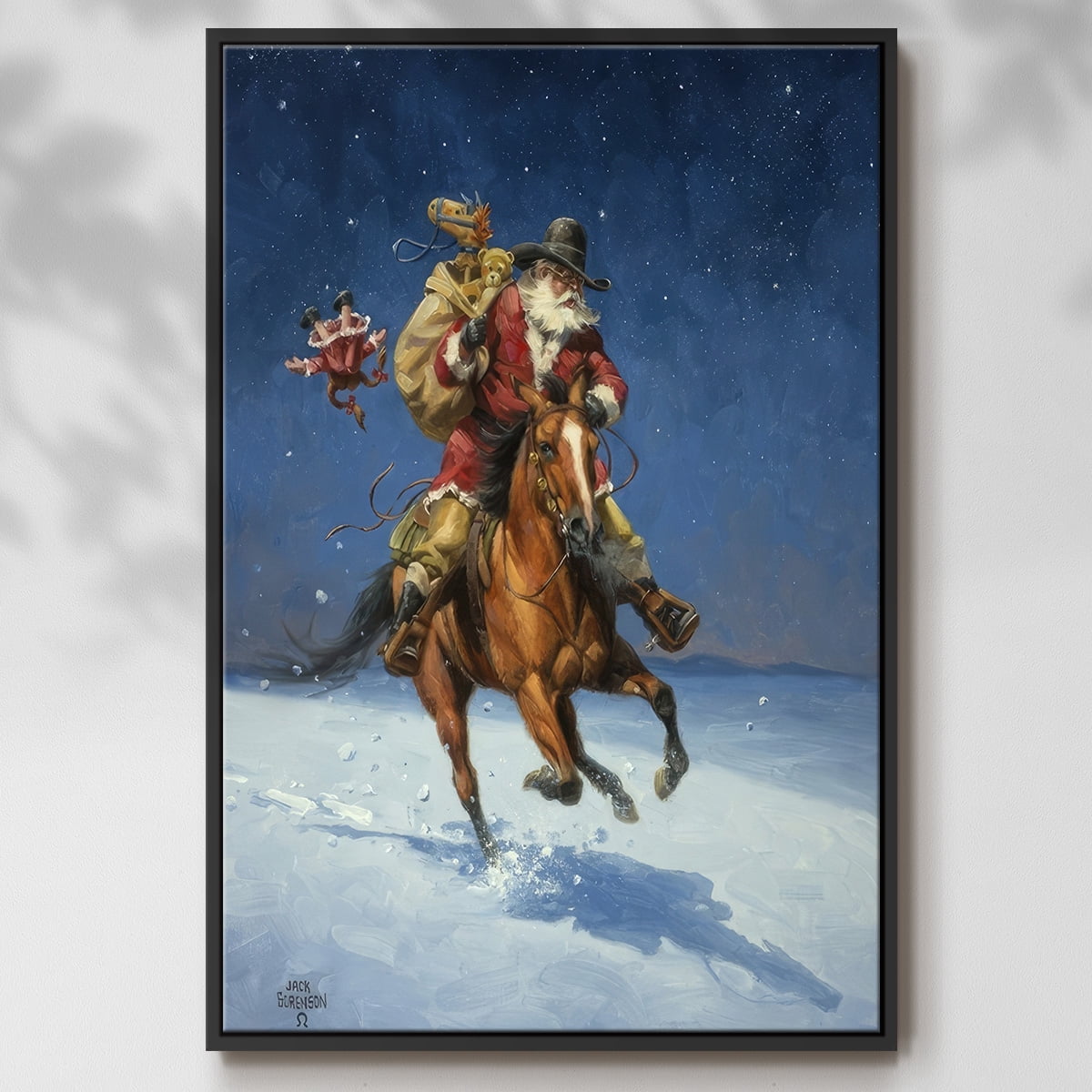 Midnight Rider - Framed Gallery Wrapped Holiday Canvas - 27 x 41 - Black Frame