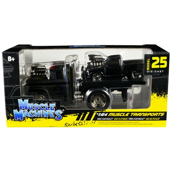 1966 Chevrolet C60 Flatbed Truck Matt Black and 1993 454 SS Truck Matt Black 1/64 Diecast Models by Muscle Machines