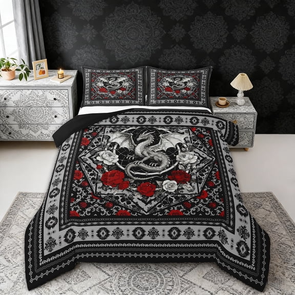 Erosebridal Vintage Dragon Full Size Comforter Sets, Bohemian Aztec Mandala Bedding Sets, Black Gray Red, Black Reversible 3pcs, 1 Comforter and 2 Pillowcases