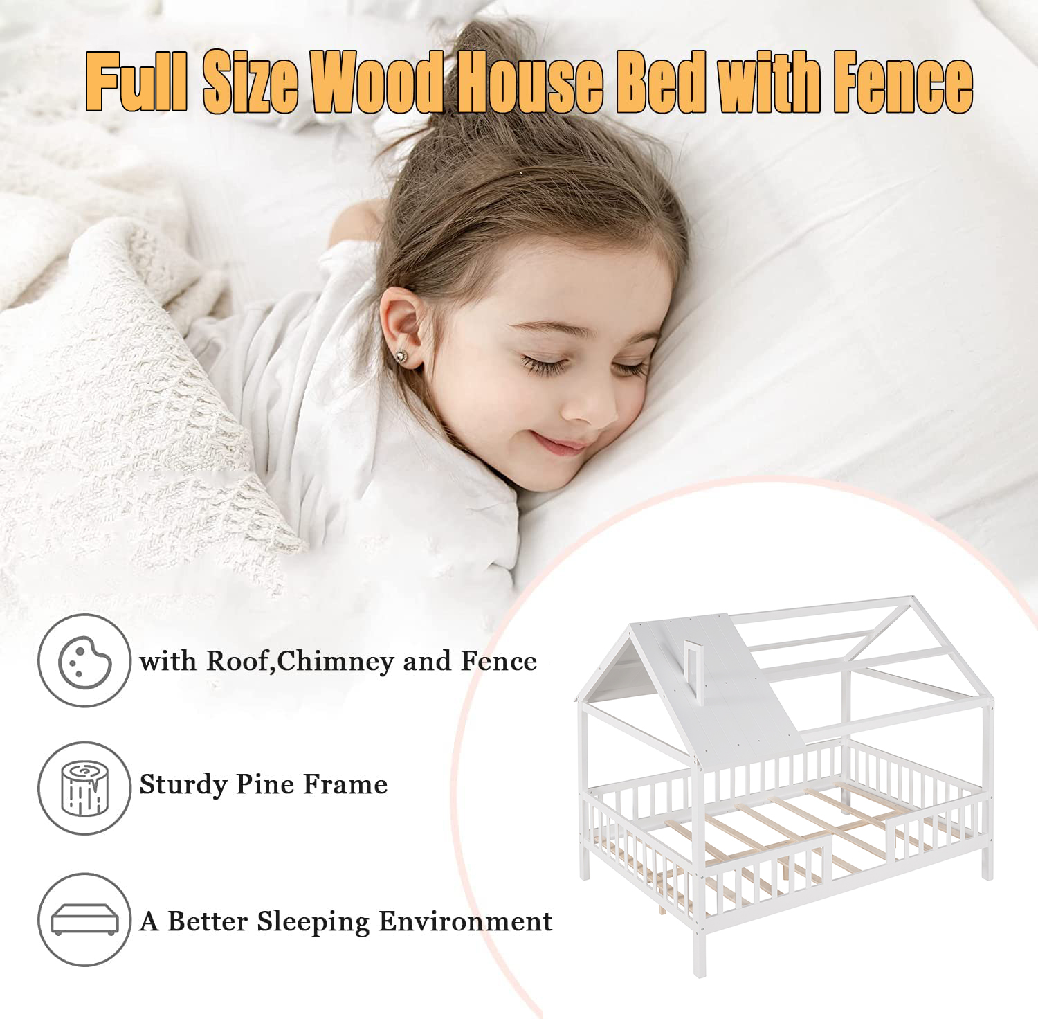 Bellemave Full House Bed, Full Size Wood Bed Frame with Roof and Fence, Montessori Beds Frame with Slats, No Box Spring Needed (White)