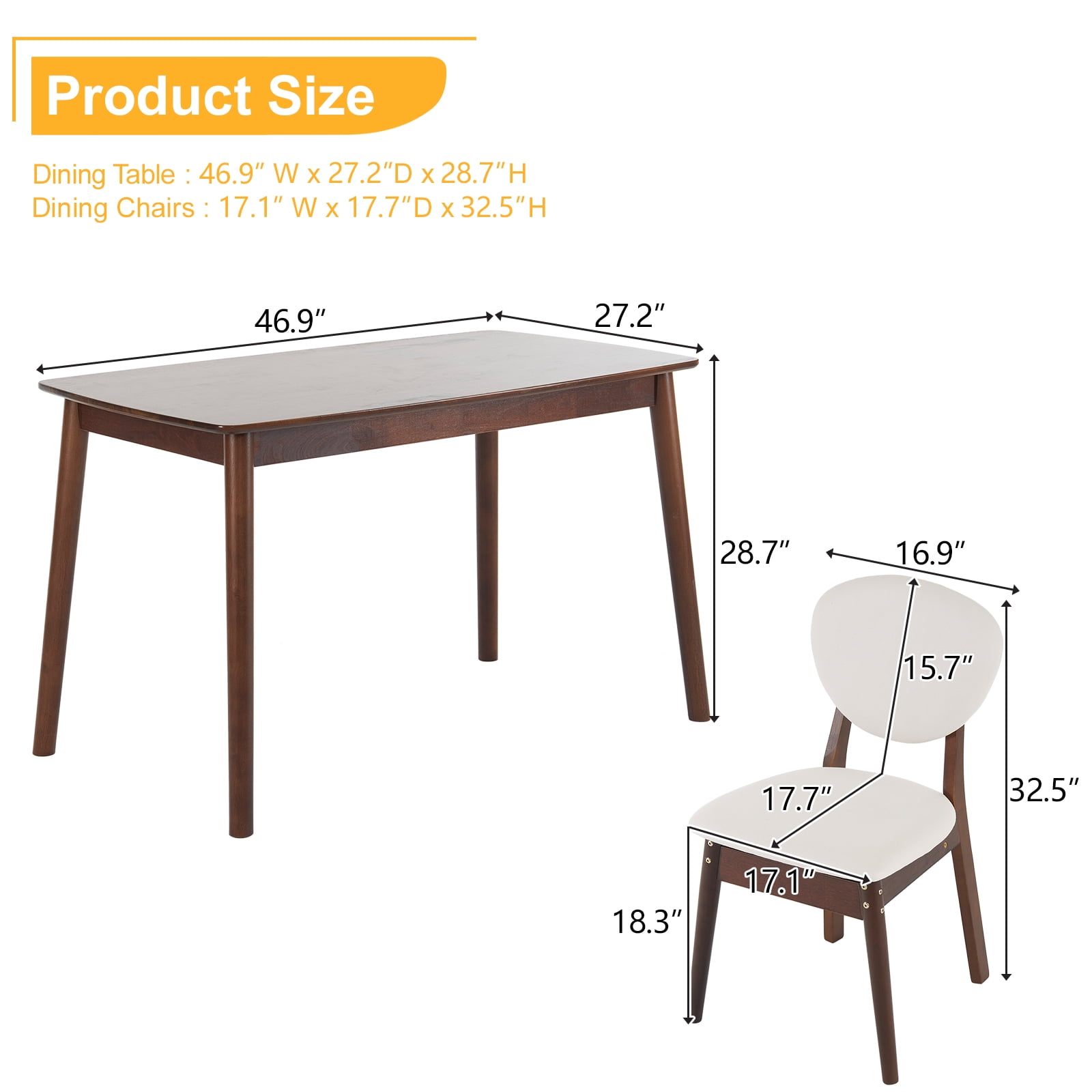 Ktaxon Dining Table Set for 4 Solid Wood Dinner Table with Padded Chairs for Home Kitchen Restaurant 47" Walnut