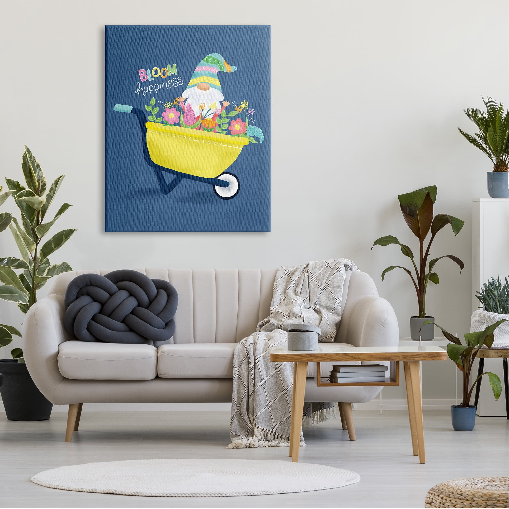 Bloom Happiness Phrase Yellow Flower Wagon Gnome Botanical & Floral Graphic Art Gallery-Wrapped Canvas Print Wall Art