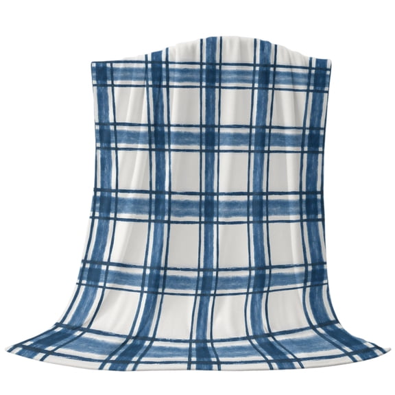 Blue Gingham Throw Flannel Blanket Modern Minimalist Blue Grids Stripe Checkered Super Soft Cozy Bed Blanket, Lightweight Plush Fuzzy Bed Throw for Bedroom Sofa Couch Living Room 40x50In