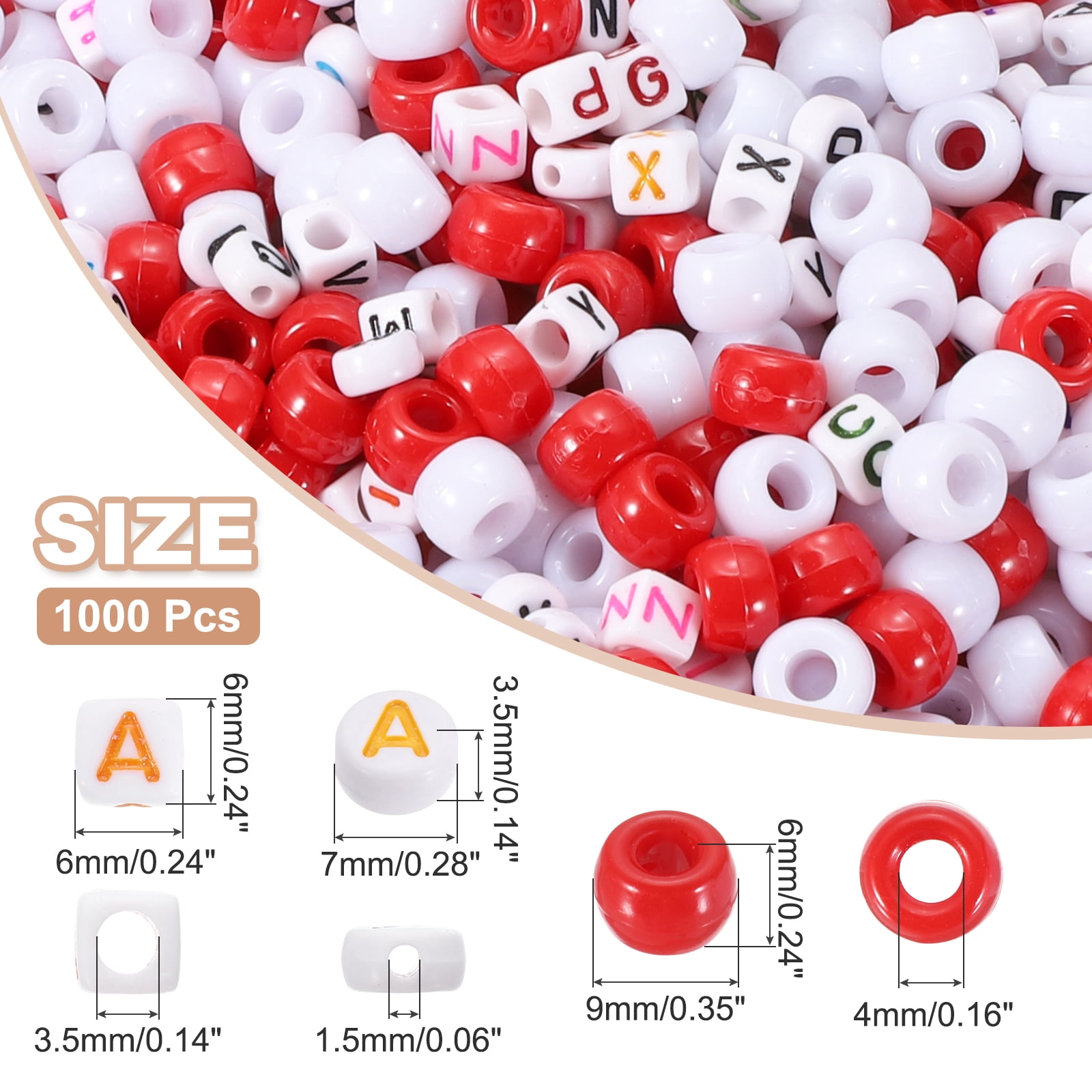 Uxcell 1000 Pcs Pony Beads 6 x 9 mm Acrylic Friendship Bracelet Making Kit with Letter Bead, Red/White