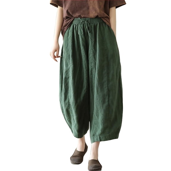 BILIKEYU Women's Linen Harem Pants Casual Loose Fit Wide Leg Cropped Lightweight Drawstring Elastic Waist Pants Palazzo Baggy Summer Trouse with Pockets, Blackish Green