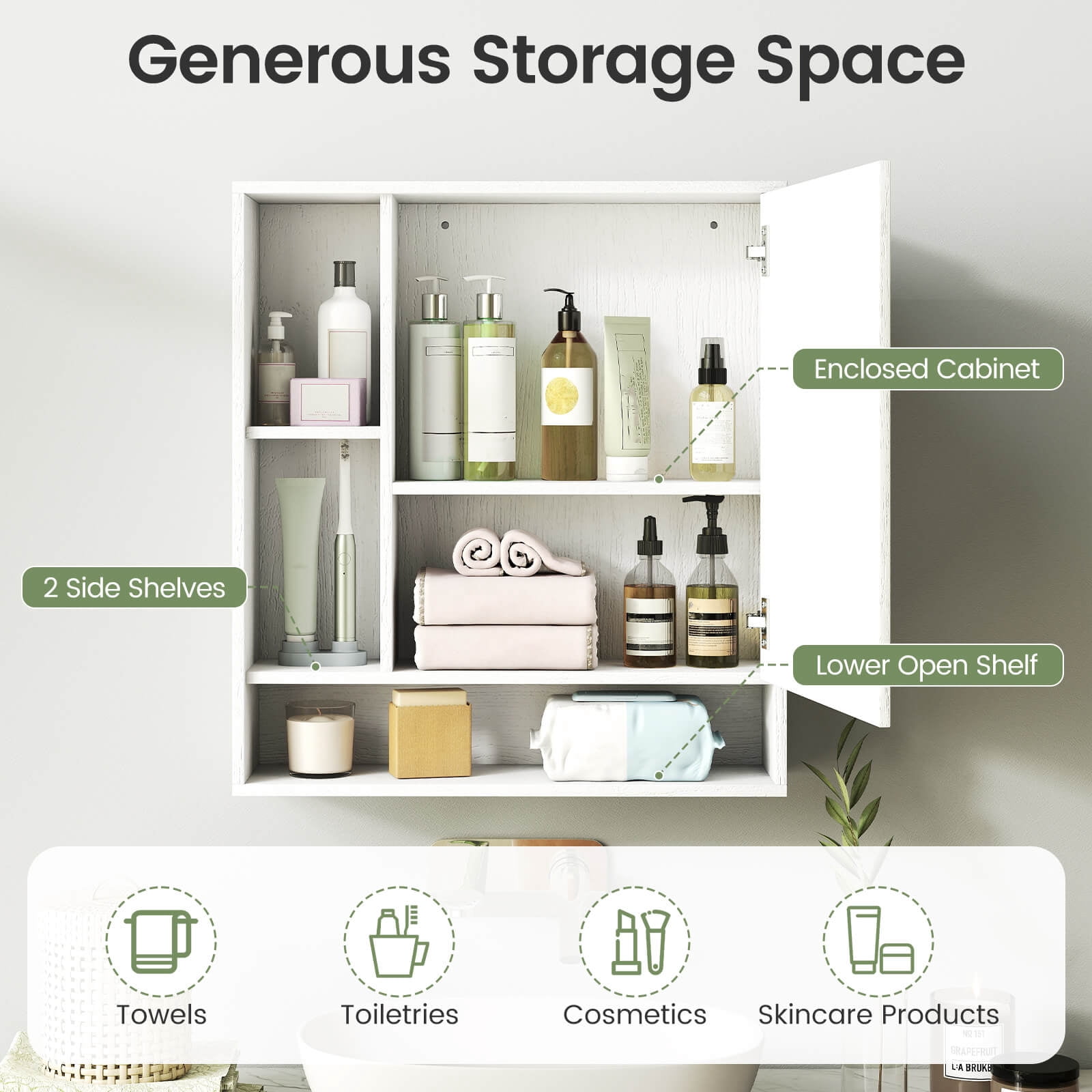Costway Bathroom Wall Cabinet with Mirror, Single Door, 3 Open Shelves & Adjustable Shelf White
