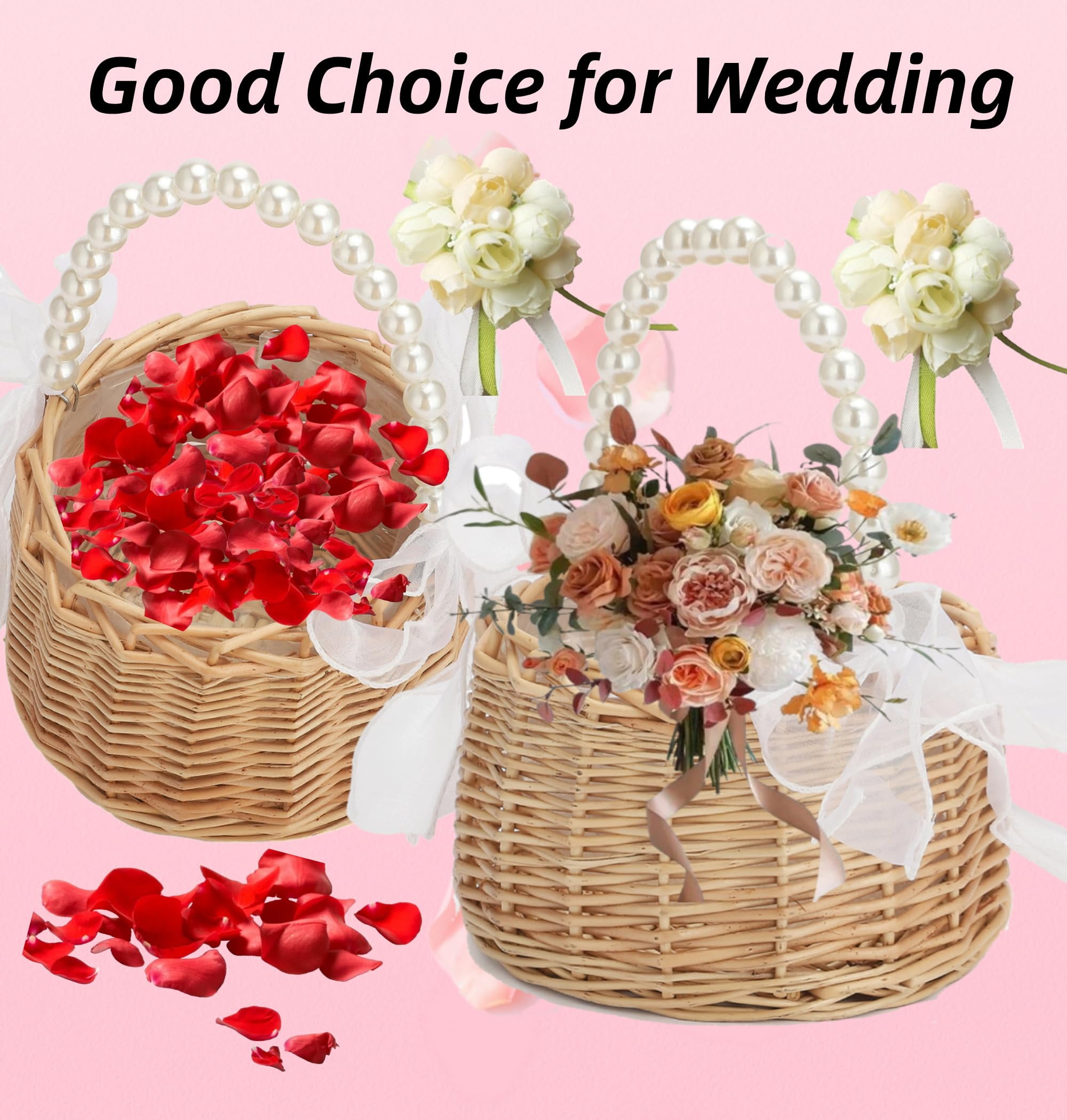 2Pcs Flower Girl Basket, Wedding Flower Girl Basket with Pearl Handle and Bows Fairy Flower Basket Rattan Basket for Weddings Bridal Anniversary Party Decor