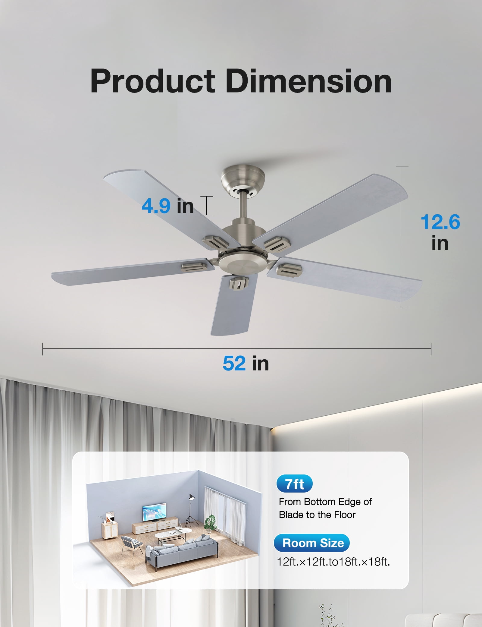 Warmiplanet 52" 5-Blade Sand Nickel Modern Ceiling Fan with Remote Control - 6 Speeds, 3 Color Temperatures, DC Motor, Reversible & Timer