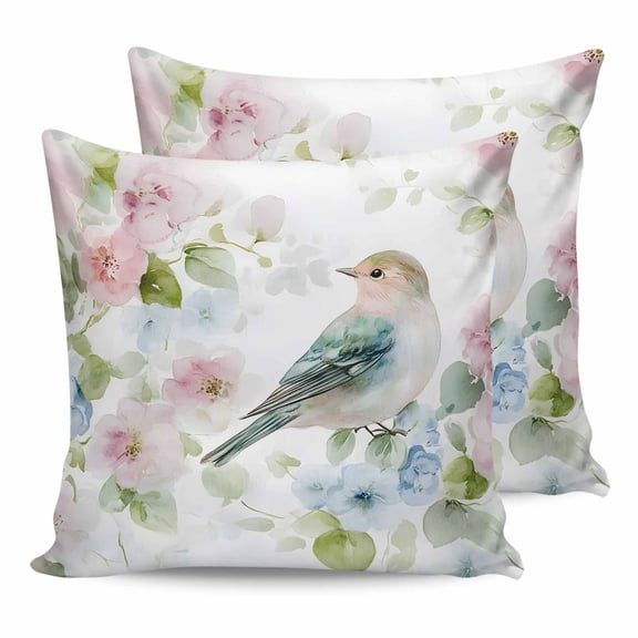 Pillow Covers 24x24 Set of 2, Peach Blossom Throw Pillow Covers Decorative Couch Cushion Cover, Nature Pink Blue Flower Spring Birds Microfiber Soft Square Pillowcases for Bedroom Living Room Sofa
