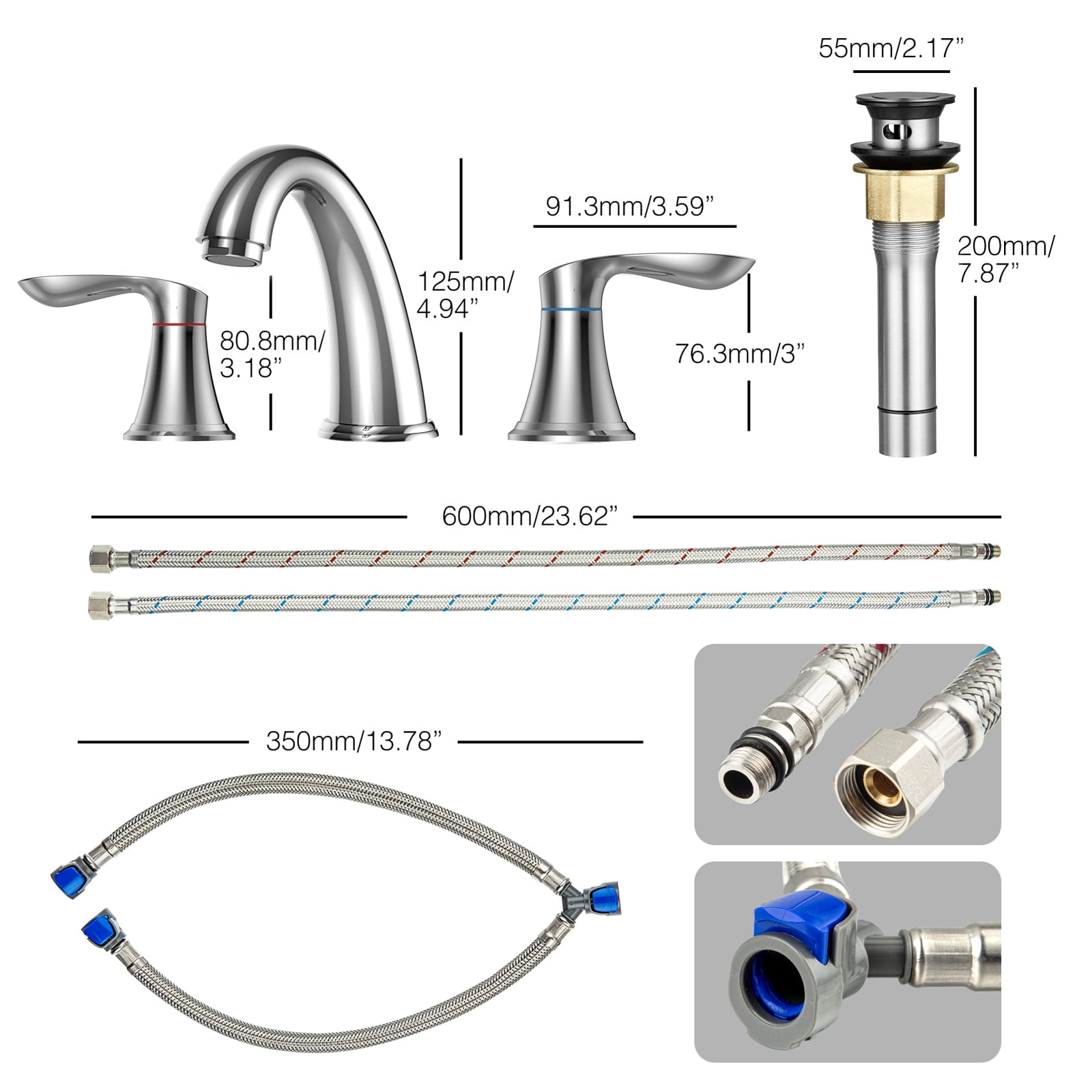 Bathroom Faucet 3 Hole, 8" Widespread Bathroom Faucets for Sink 3 Hole Brushed Nickel with Pop-Up Drain, CUPC Hose Water Supply Lines