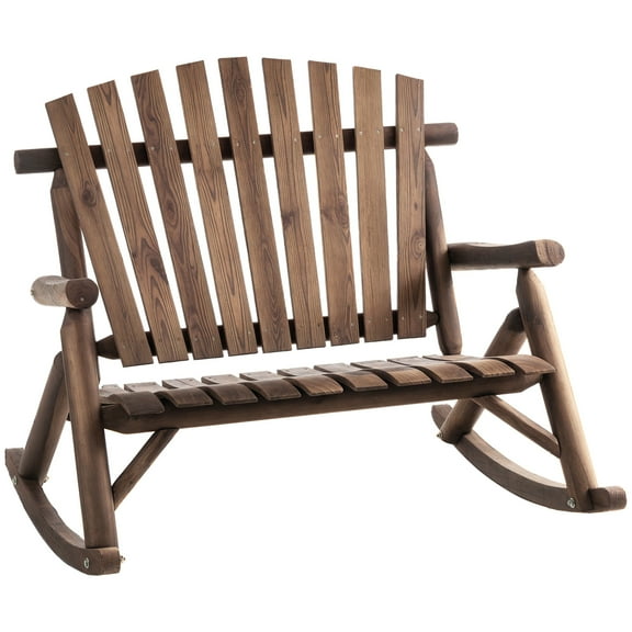Outsunny Outdoor Wooden Rocking Chair, Double-Person Adirondack Rocking Patio Chair with Rustic High Back, Slatted Seat and Backrest for Indoor, Backyard, Garden, Carbonized