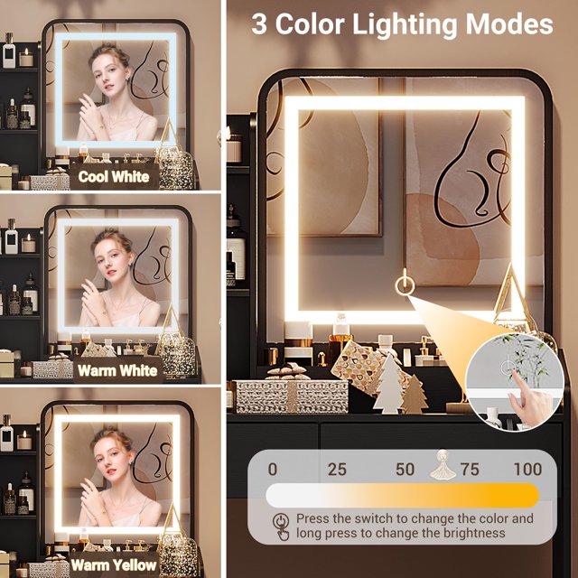 GloryStar Vanity Desk with LED Light Mirror and Charging Station - Spacious Tabletop with 2 Drawers and Open Shelf, Hidden Storage Stool, 3-Mode Adjustable LED Lighting