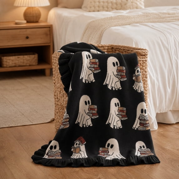 Halloween Ghost Reading Throw Blanket 47*51 Inch Polyester Blend For Spooky Bedroom, Sofa Couch Decor
