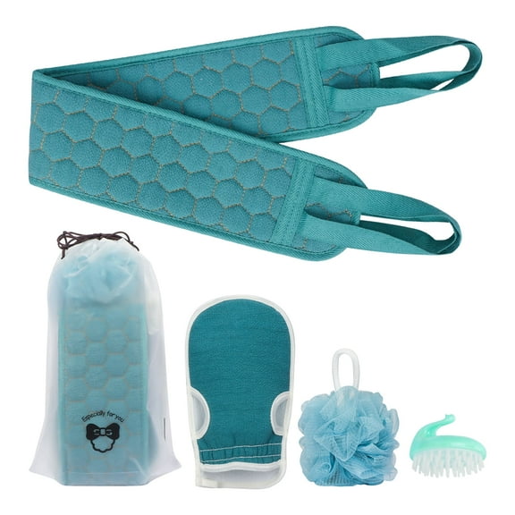 Homelove Exfoliating Back Scrubber Set, 4 Pack Hair Scalp Massager Shower Brush, Loofah Sponge, Bath Glove, Blue