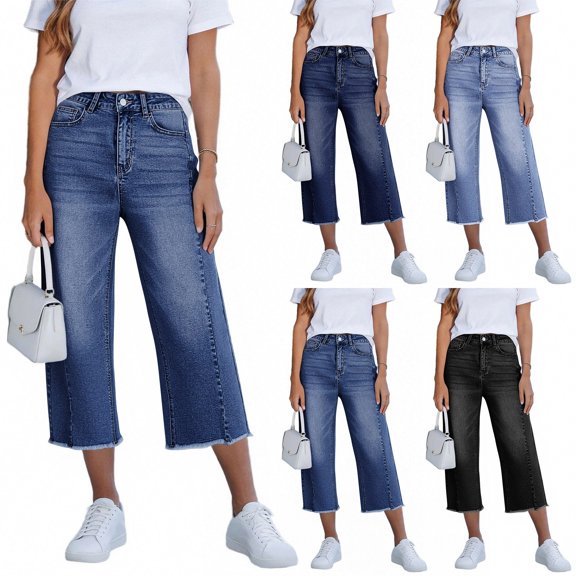 Women's High Waisted Jeans Pants Summer Casual Elastic Waist Stretchy Capri Pants with Pockets by Yigetop Black L