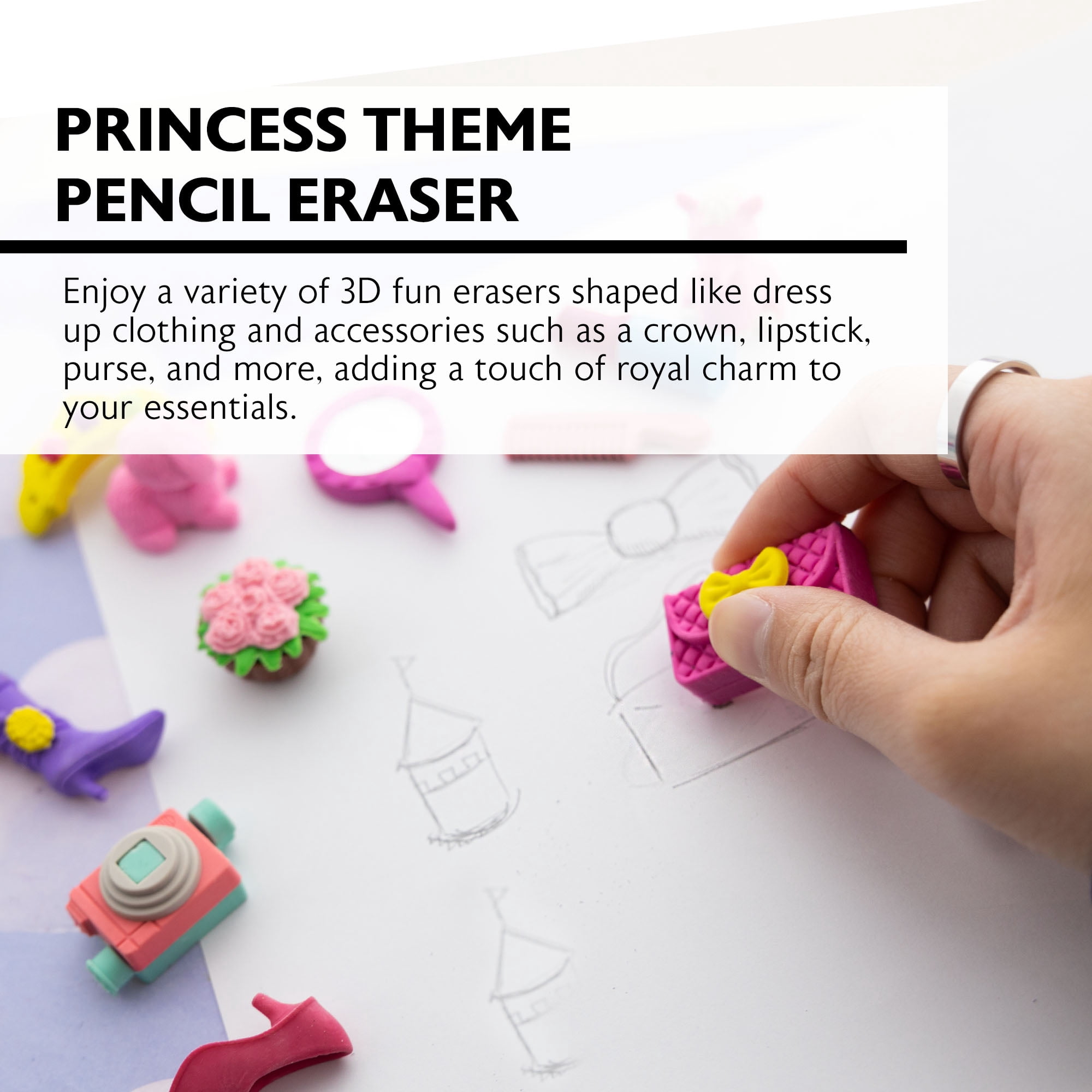 BAZIC 3D Erasers Set, Assorted Food and Princess Dress up Mini Pencil Erasers (4/Pack), 8-Packs