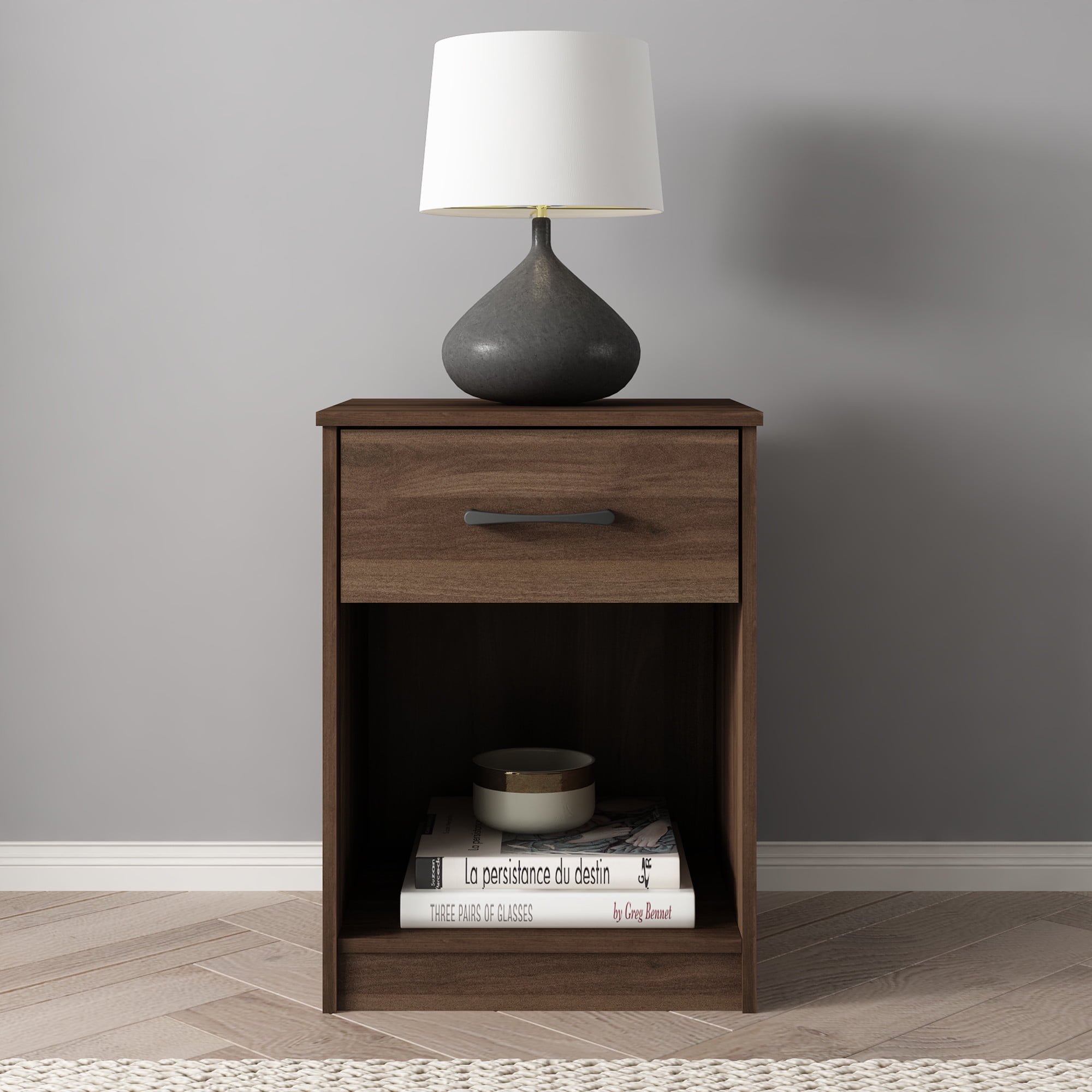 (2 pack) Mainstays Ardent Nightstand with 1 Drawer, Dark Walnut