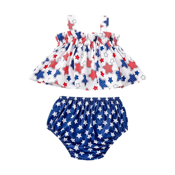 Xudanell Toddler Girls Clothes Summer 4th of July Short Set Outfit Sleeveless Ruffle Tops and Shorts 2pc Clothing Baby Party Outfit Dark Blue 12-24 Months